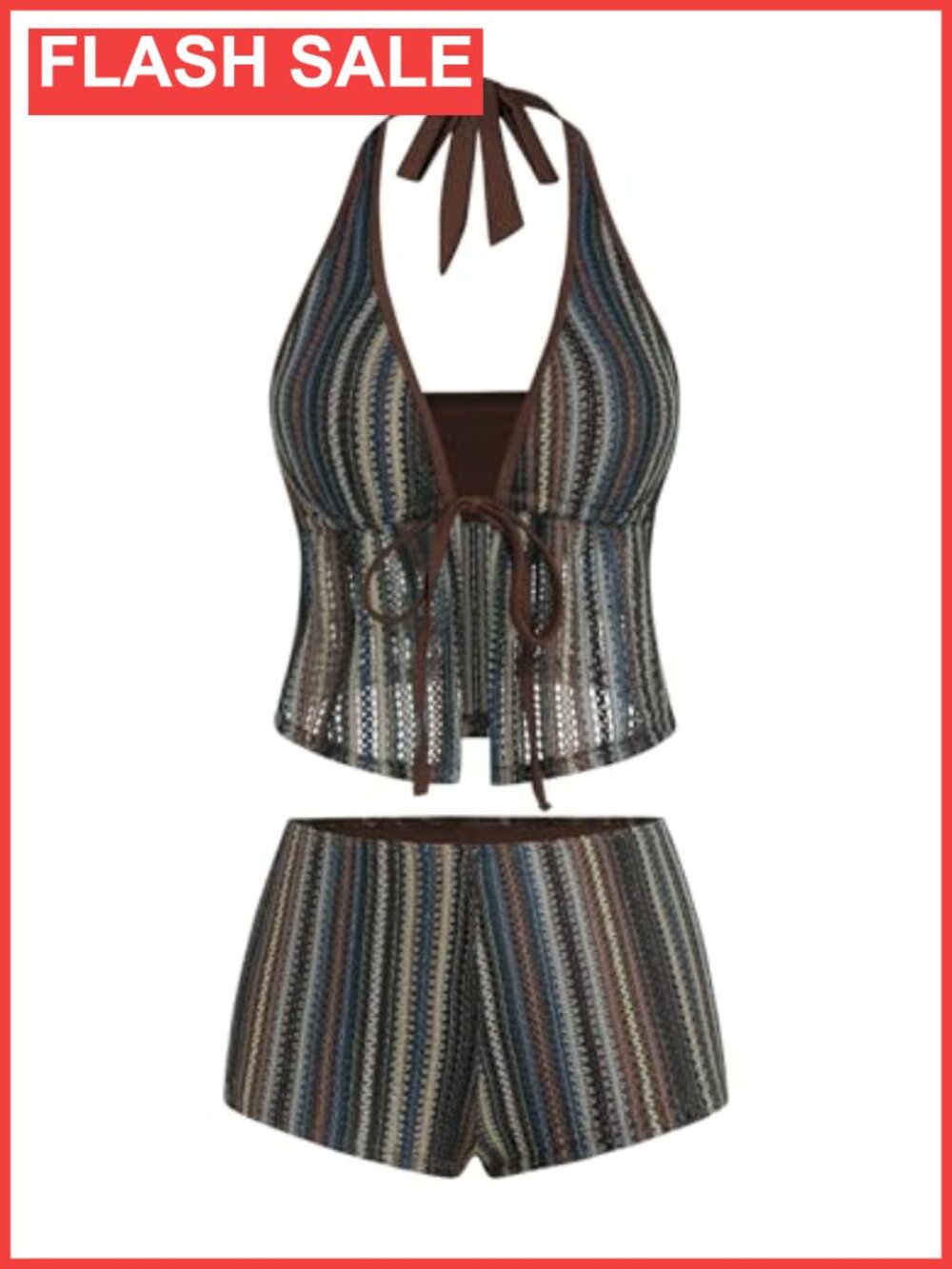Women Striped Halter Tankini Two-Piece Boyshort Swimsuit